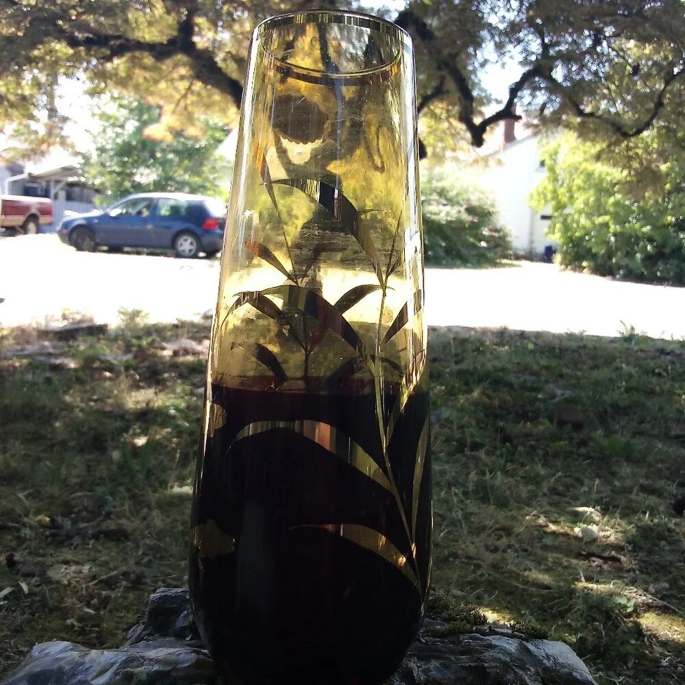 Vintage Lenko Gold Gilt Amber Glass Vase Czekoslavakia